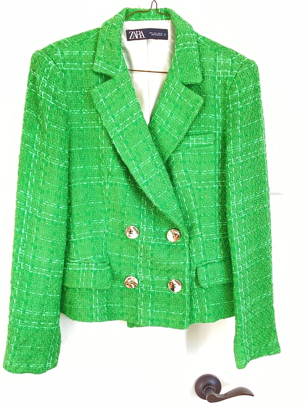 Zara Cropped Tweed Blazer Jacket Notch Collar Gold Buttons Large Kelly Green